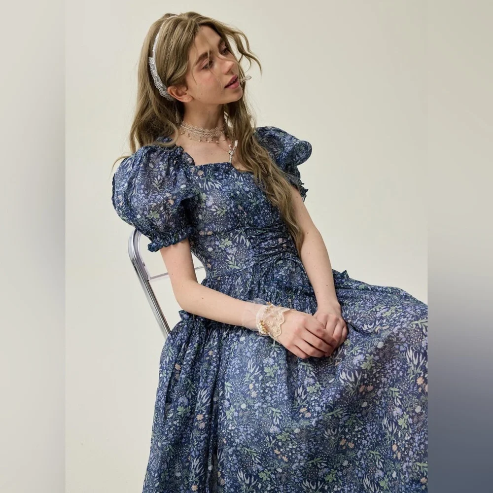 NWOT Linenniave JULIA 35 FLORAL LINEN DRESS Midnight Floral Medium - Picture 2 of 16